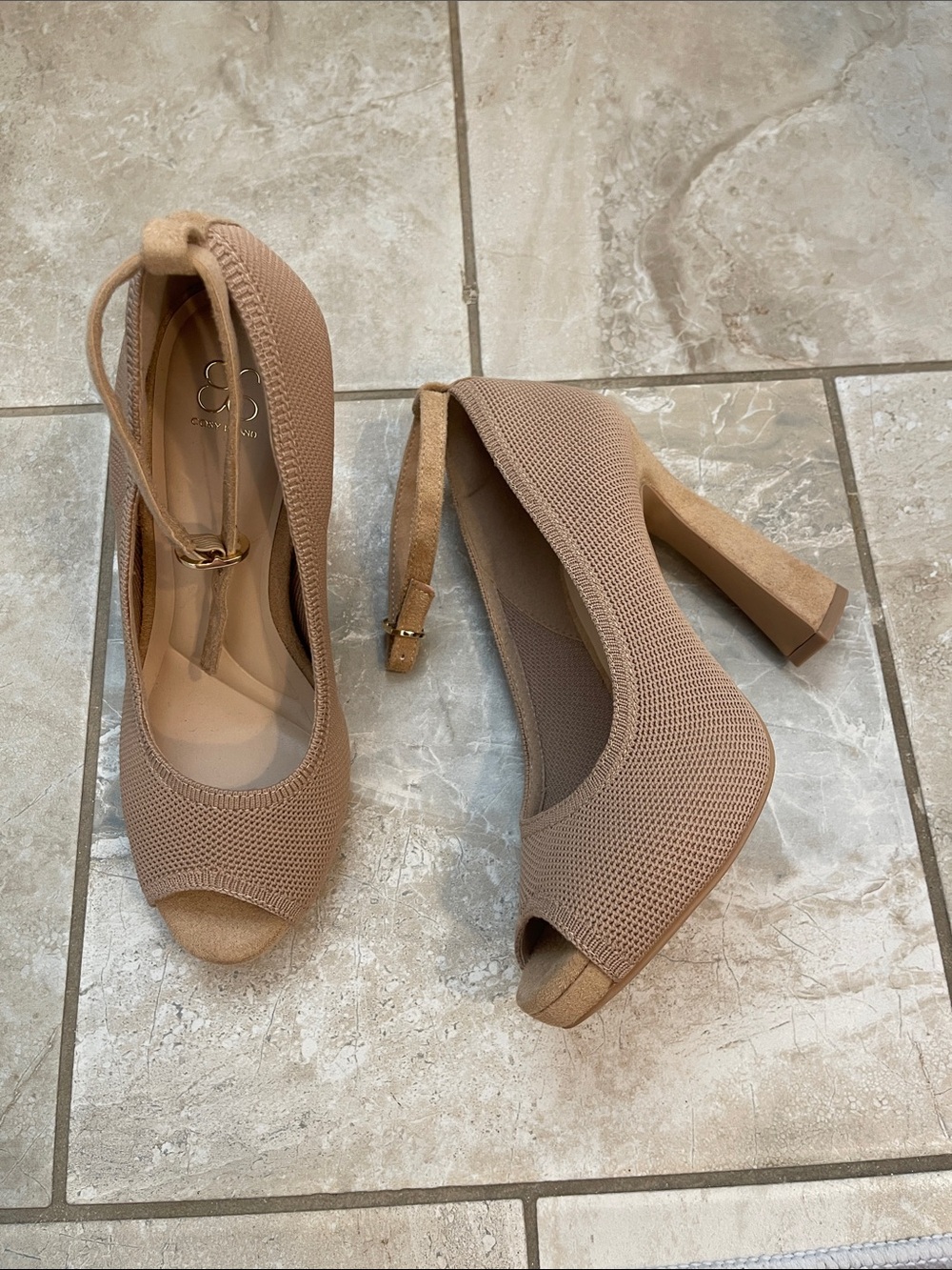 Cosy Island PowerWalk Peep-toe Heeled Pumps Nude Knit 5